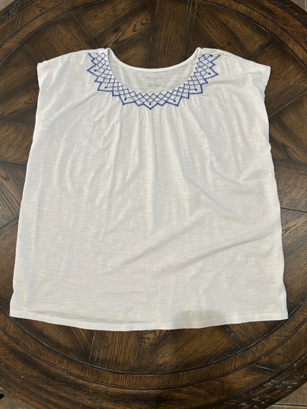 Talbots White Sleeveless Tee with Blue Embroidered Yoke 100% cotton